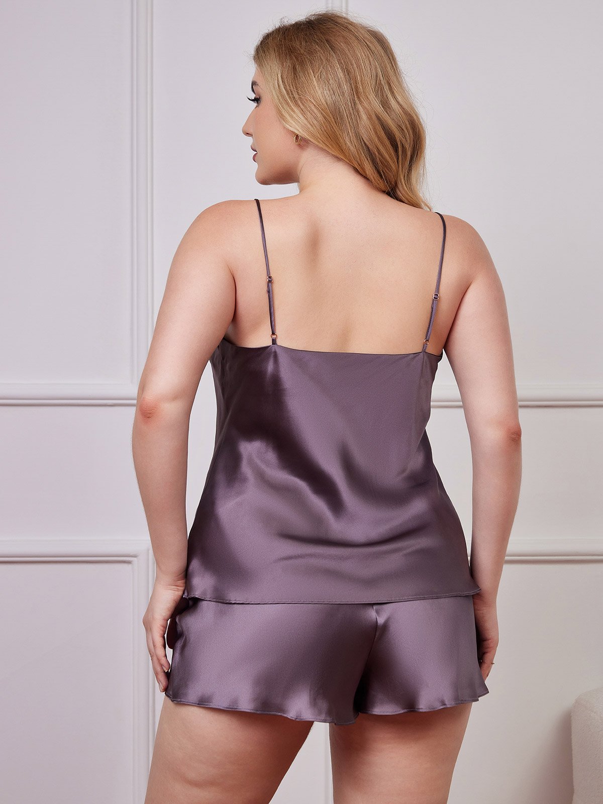 [Lilla Grå] SilkSilky-NO Pure Silk V-Hals Plus Size Camisole Set 002