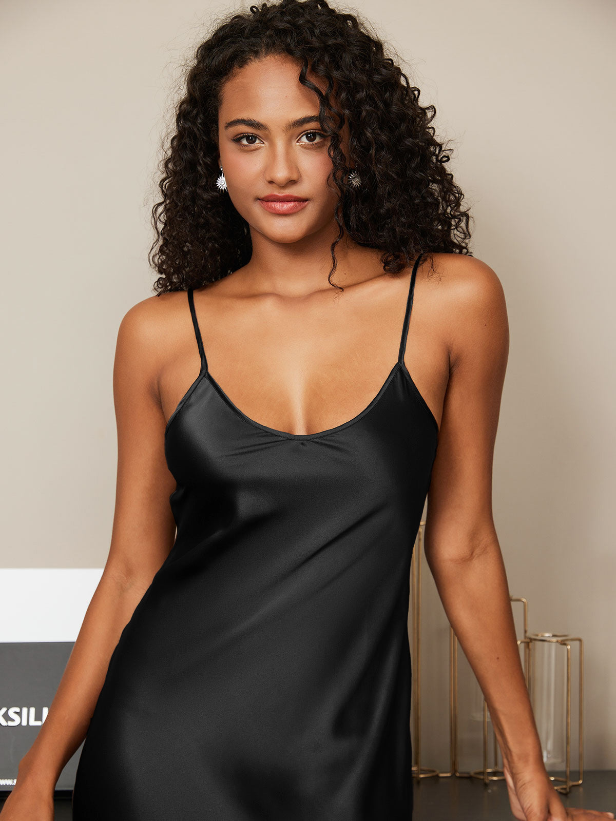 [Svart] SilkSilky-NO Pure Silk Sleeveless Round Neck Nattkjole 005