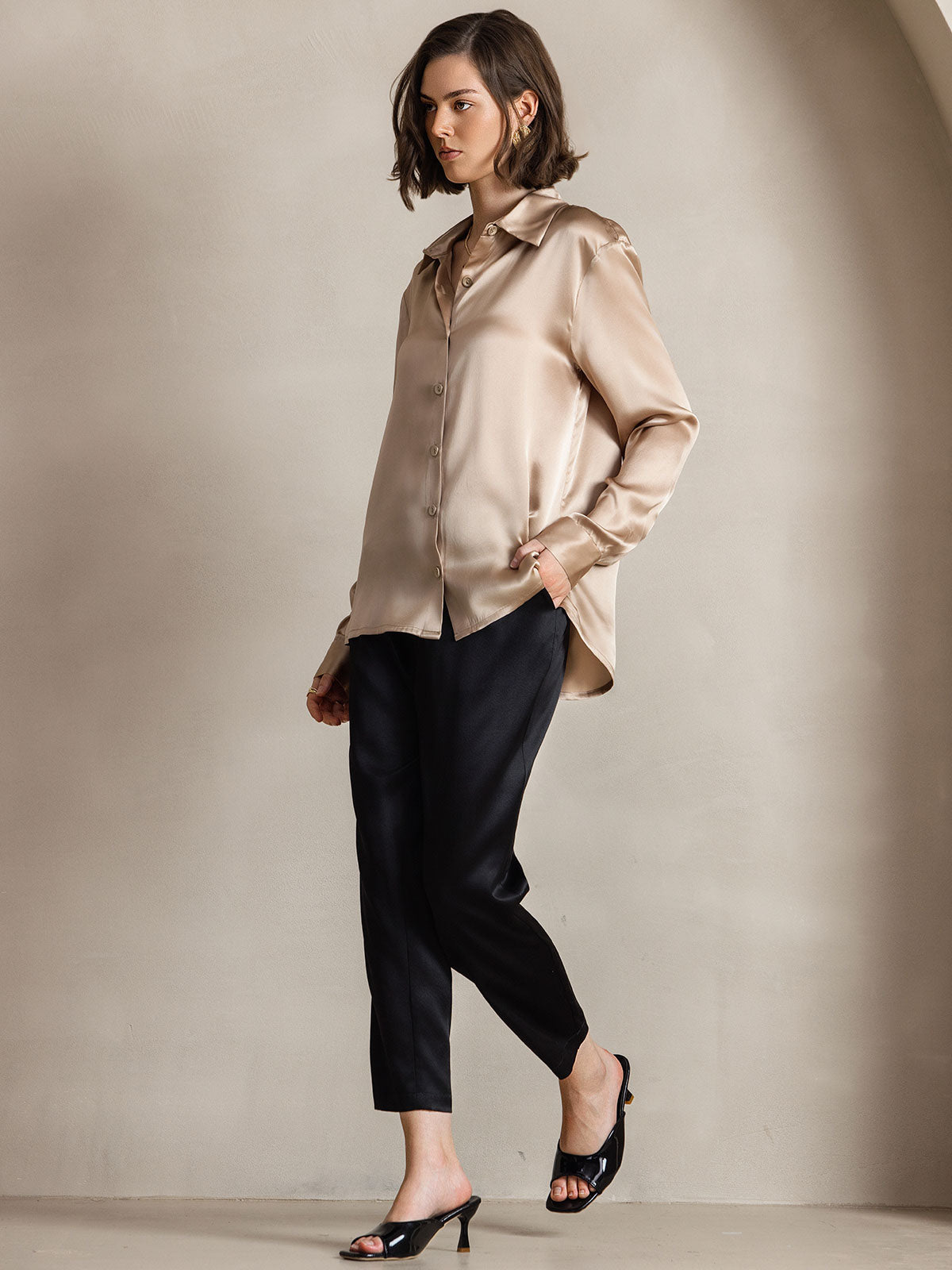 [Champagne] SilkSilky-NO Silke Long Sleeve Collar Skjorte for Kvinner 007