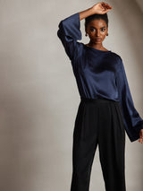 [Mørke blå] SilkSilky-NO Long Sleeve Boat Neck Bluse 005