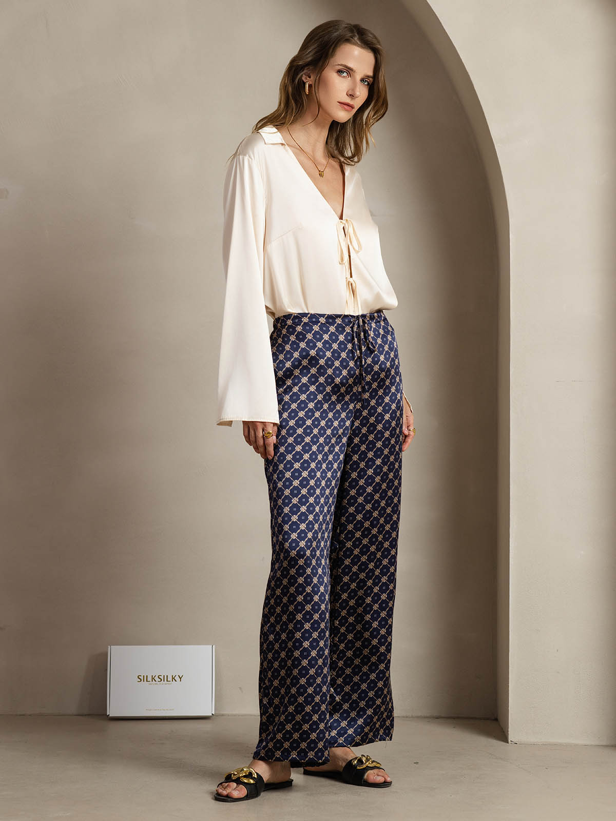 [Marine Kjede] SilkSilky-NO 19Momme Silke Womens Pants 004