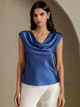 [Ekte Petrol] SilkSilky-NO Cap Sleeve Cowl Neck T-skjorte for Kvinner 003