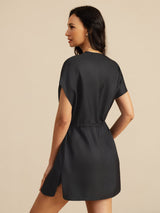 [Svart] SilkSilky-NO 18Momme Kappeermer Henley-krage Kjole 002
