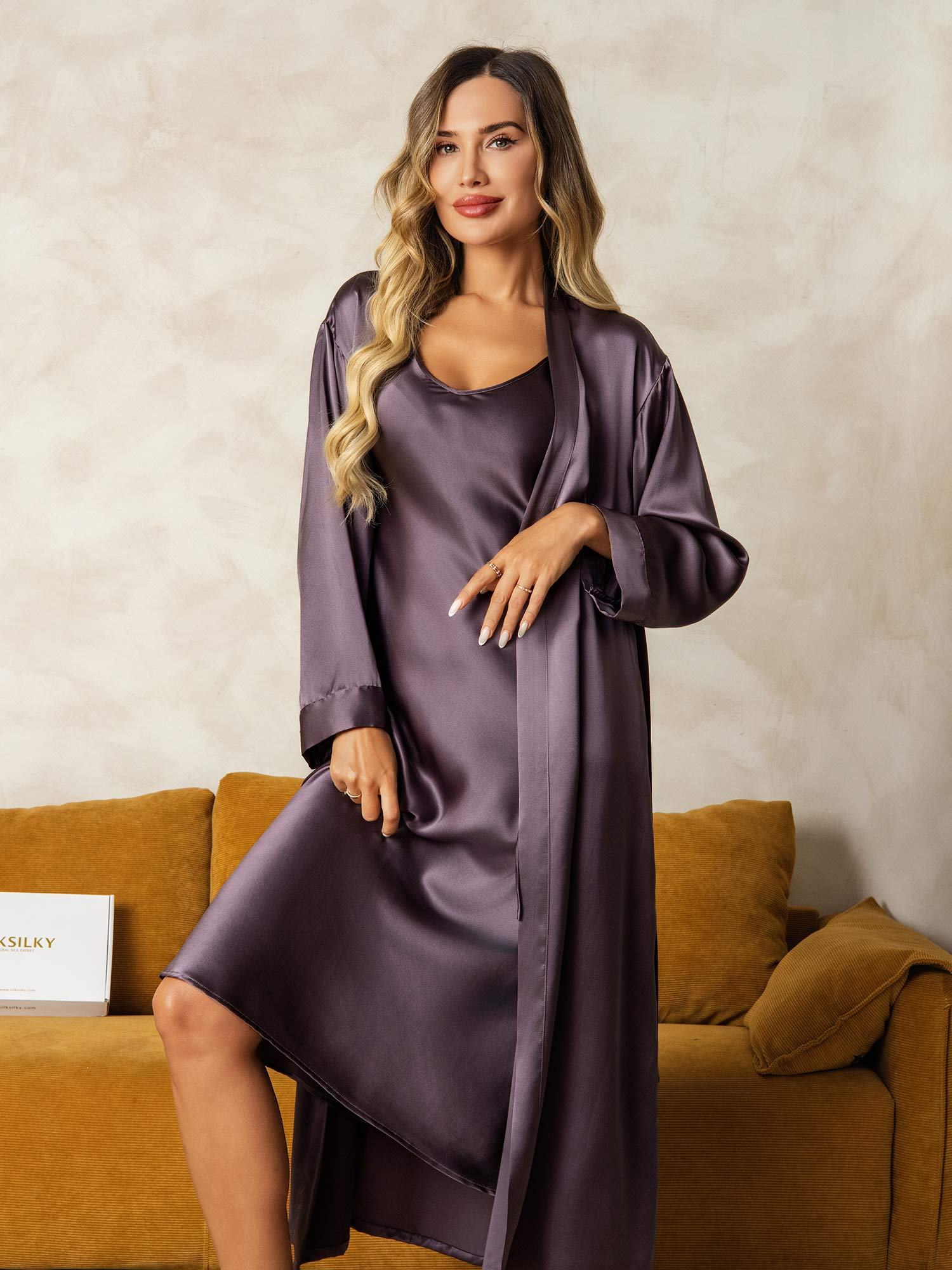 [Lilla Grå] SilkSilky-NO Silke Nightgown&Robe Set 003