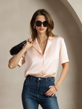 [Rosa] SilkSilky-NO Short Sleeve Lapel Collar Skjorte for Kvinner 003
