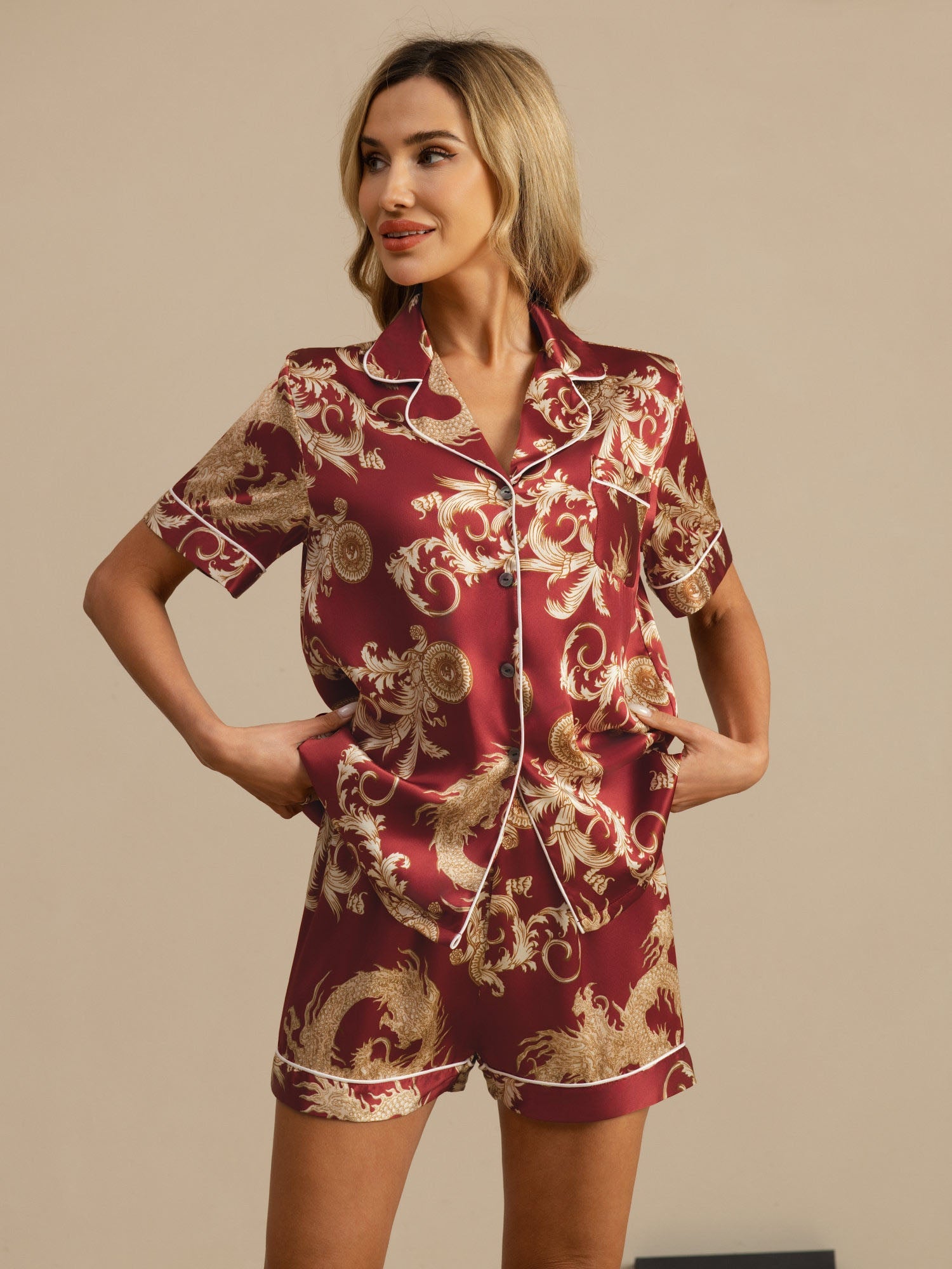 [Vinrød Drage] SilkSilky-NO Kort erm Notchkrage Pyjamas for Kvinner 003