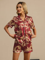 [Vinrød Drage] SilkSilky-NO Short Sleeve Lapel Collar Pyjamas for Kvinner 003