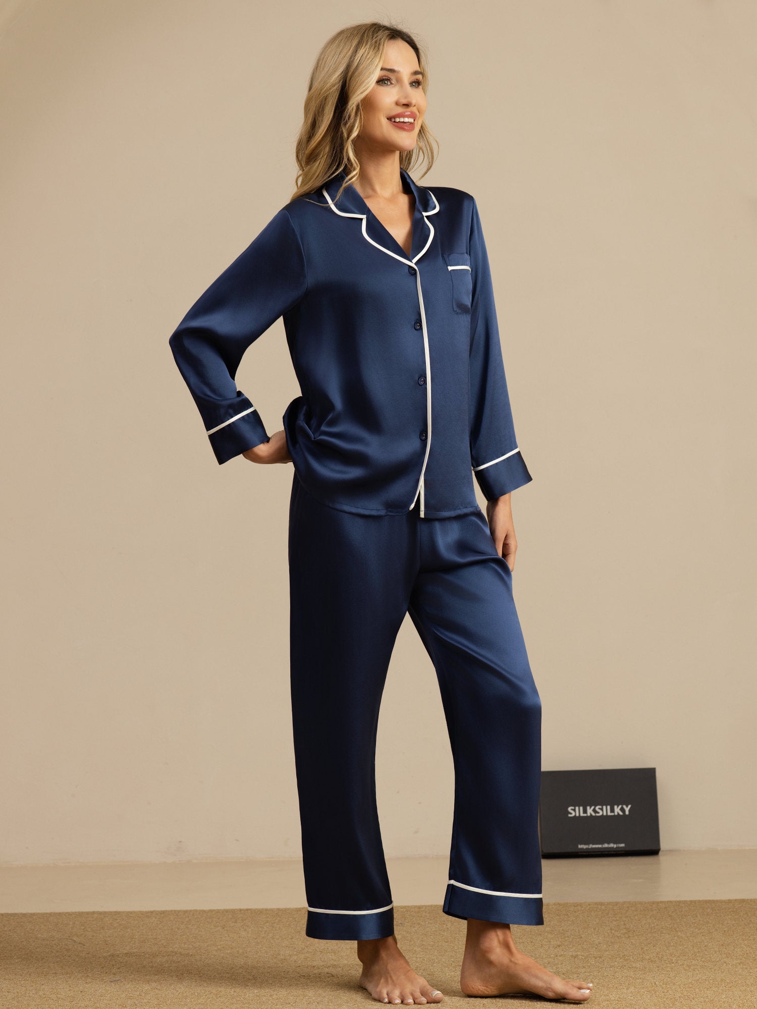 [Mørke blå] SilkSilky-NO Pure Silk Womens Pajamas 007