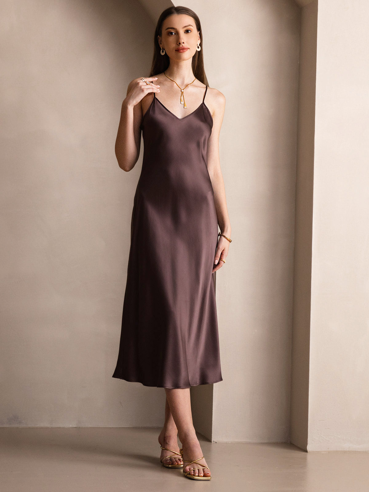 SilkSilky  Pure Silk Sleeveless Round Neck Dress Coffee 004