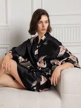 [Svart] SilkSilky-NO 19Momme 3/4 erme Morgenkåpe for Kvinner 004