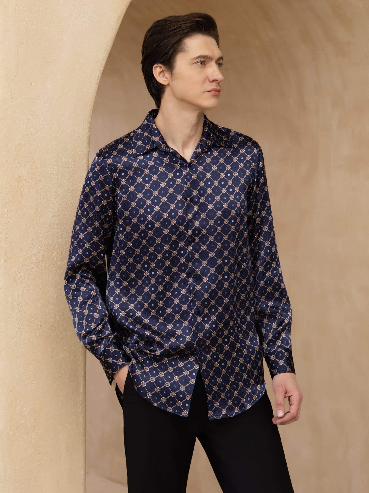 [Marine Kjede] SilkSilky-NO Langermet Slagkrage Skjorte for Menn 001