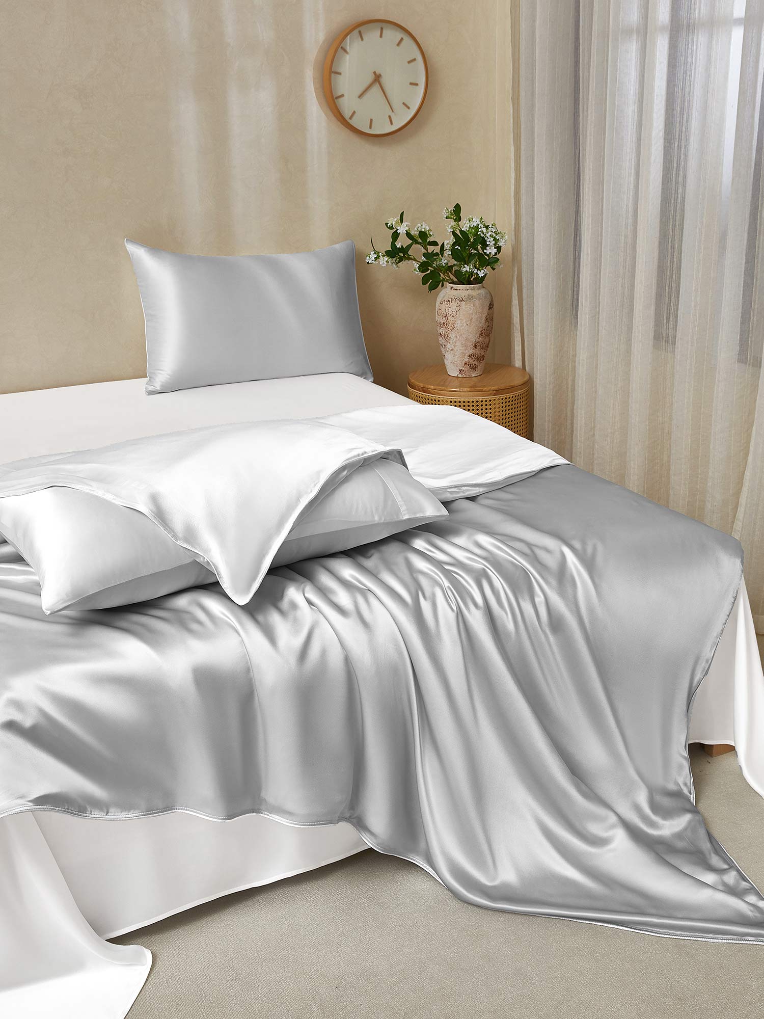 [Lysegrå+Hvit] SilkSilky-NO 19Momme Bedding Set 003,