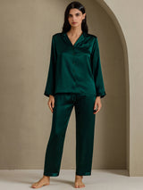 [Mørk Grønn] SilkSilky-NO Long Sleeve Lapel Collar Pyjamas for Kvinner 006