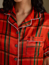 [Rødt Rutemønster] SilkSilky-NO Short Sleeve Notch Collar Pyjamas for Kvinner 004
