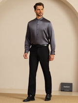 [Mørkegrå] SilkSilky-NO Long Sleeve Stand Collar Skjorte for Menn 008