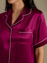 [Fuchsia] SilkSilky-NO Short Sleeve Lapel Collar Pyjamas for Kvinner 004