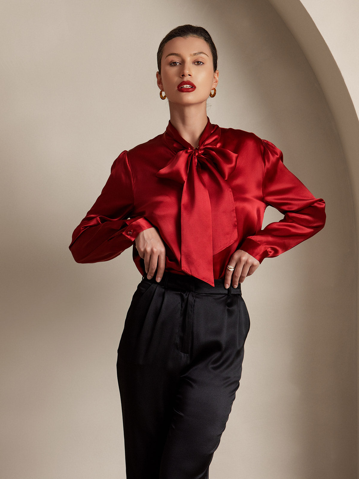 [Vin] SilkSilky-NO 19Momme Silke Long Sleeve Tie Neck Skjorte for Kvinner 003