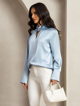 [Gråblå] SilkSilky-NO 19Momme Silke Womens Shirt 007