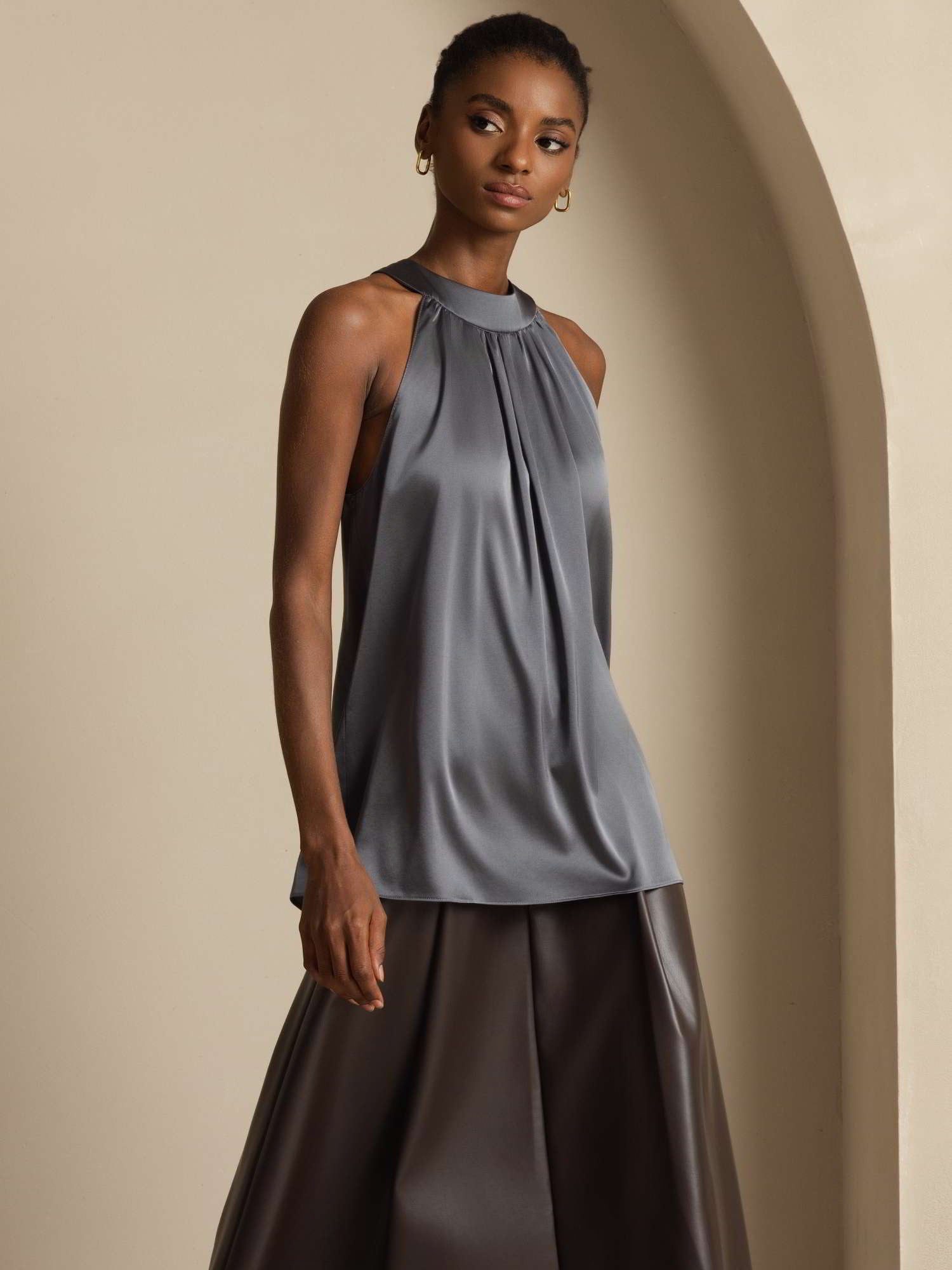 [Mørkegrå] SilkSilky-NO 19Momme Silke Womens T-Shirt 007