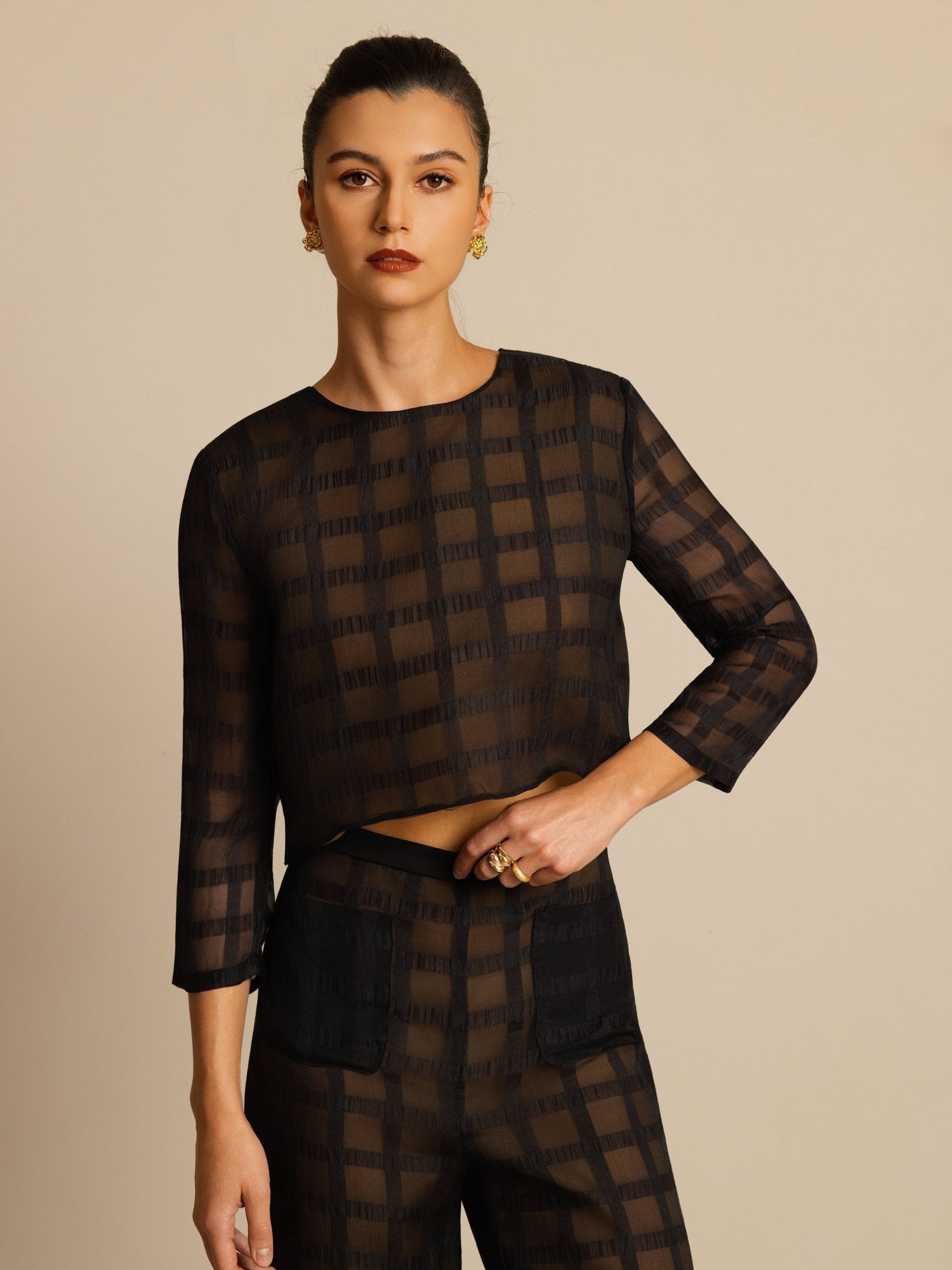 [Svart] SilkSilky-NO Ren Silke Langermet Rund Hals Women''s Outfit Sets 006