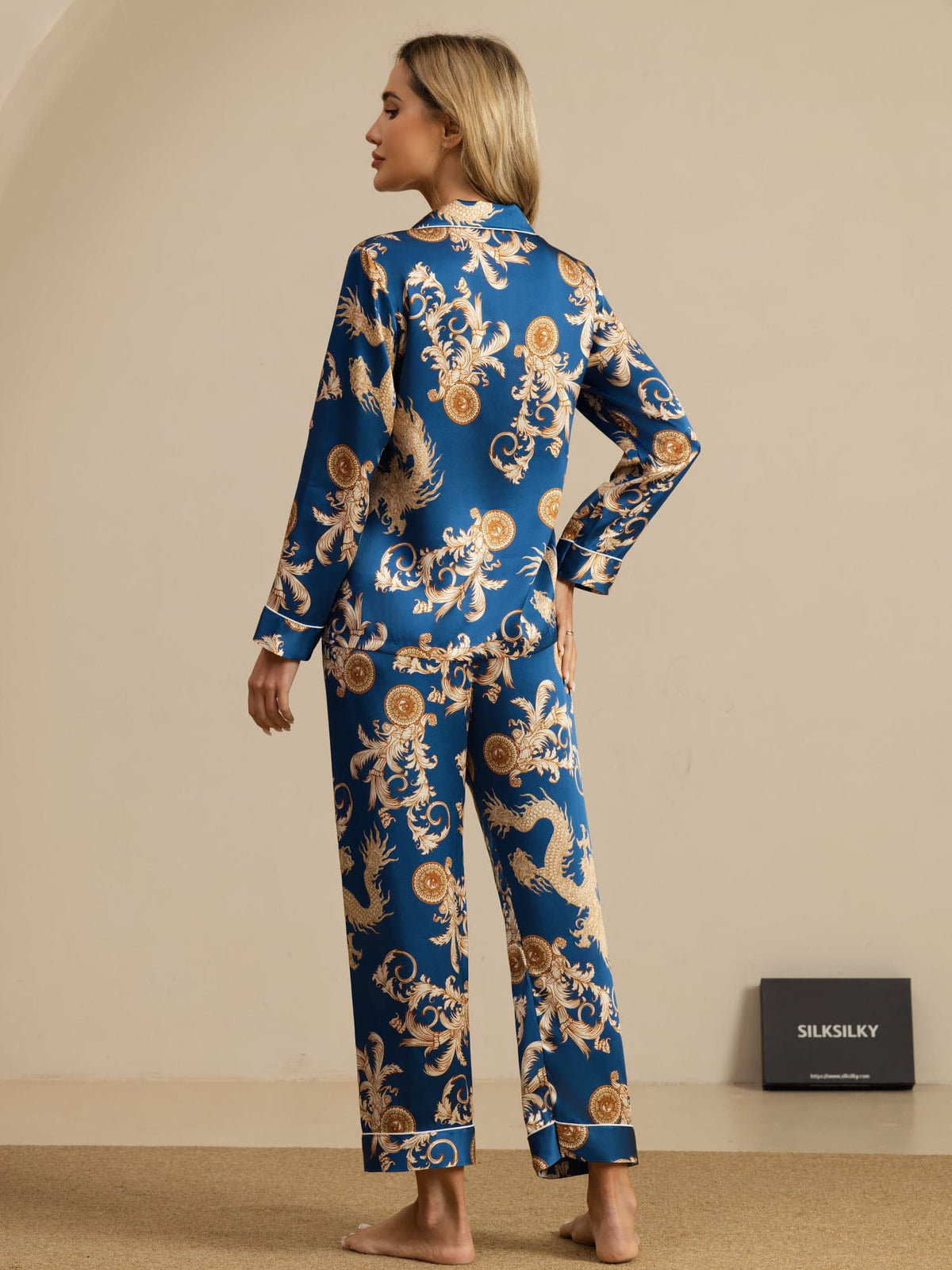[Navy Drage] SilkSilky-NO Long Sleeve Lapel Collar Pyjamas for Kvinner 002
