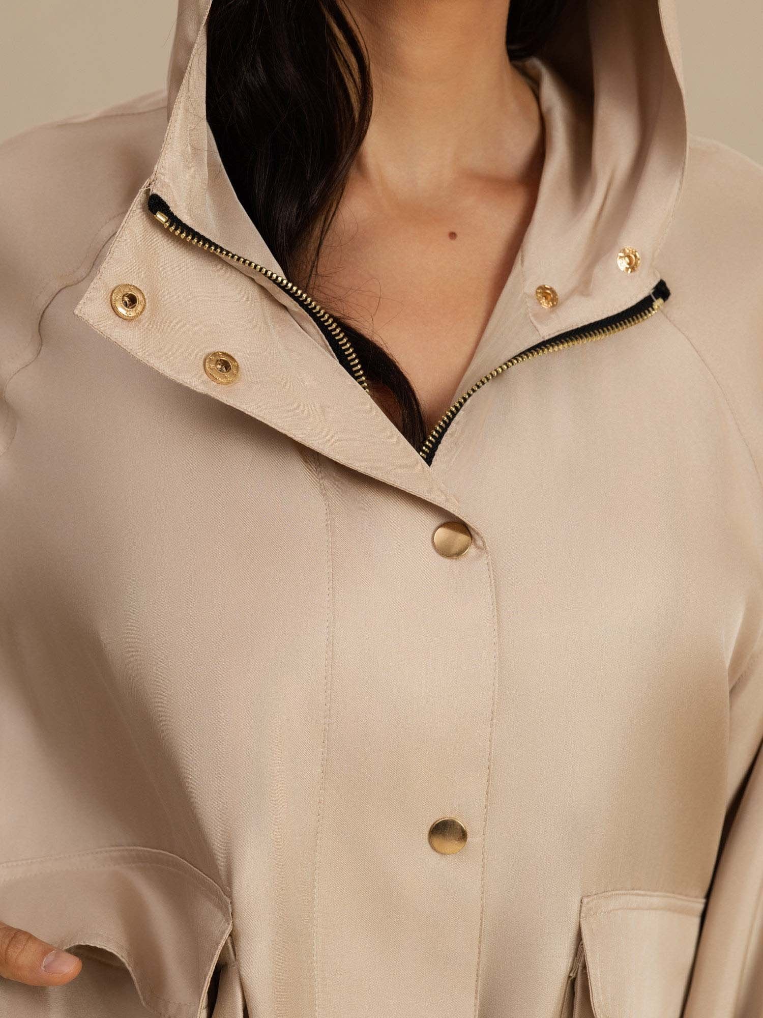 [Tan] SilkSilky-NO Langermet Høy Hals Yttertøy for Kvinner 007