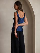 [Mørke blå] SilkSilky-NO 19Momme Ermeløs Dyp Rund Halsutringning Camisole Topp 004
