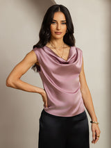 [Blek Mauve] SilkSilky-NO Cap Sleeve Cowl Neck T-skjorte for Kvinner 004