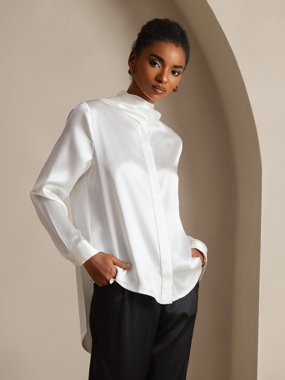 SilkSilky-NO 19Momme Womens Shirt Hvit 004