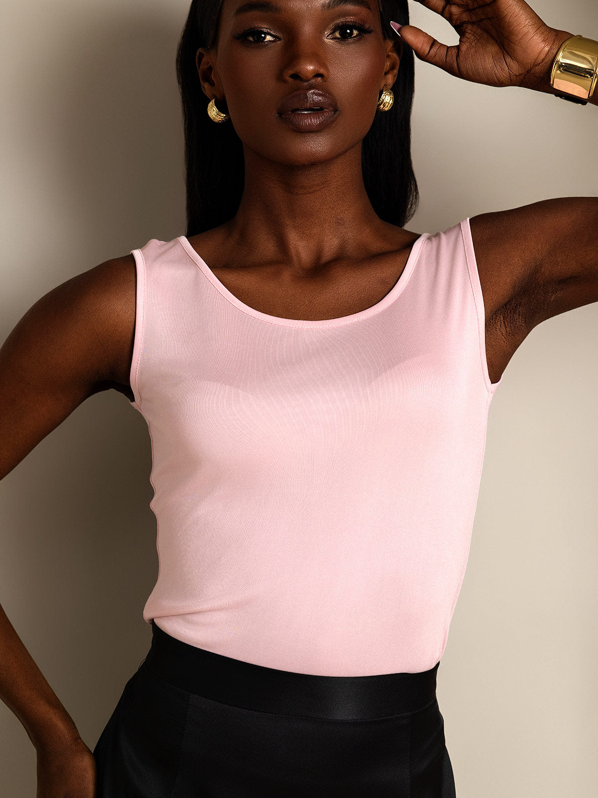 [Rosa] SilkSilky-NO Silk Knitted Sleeveless Round Neck T-skjorte for Kvinner 003