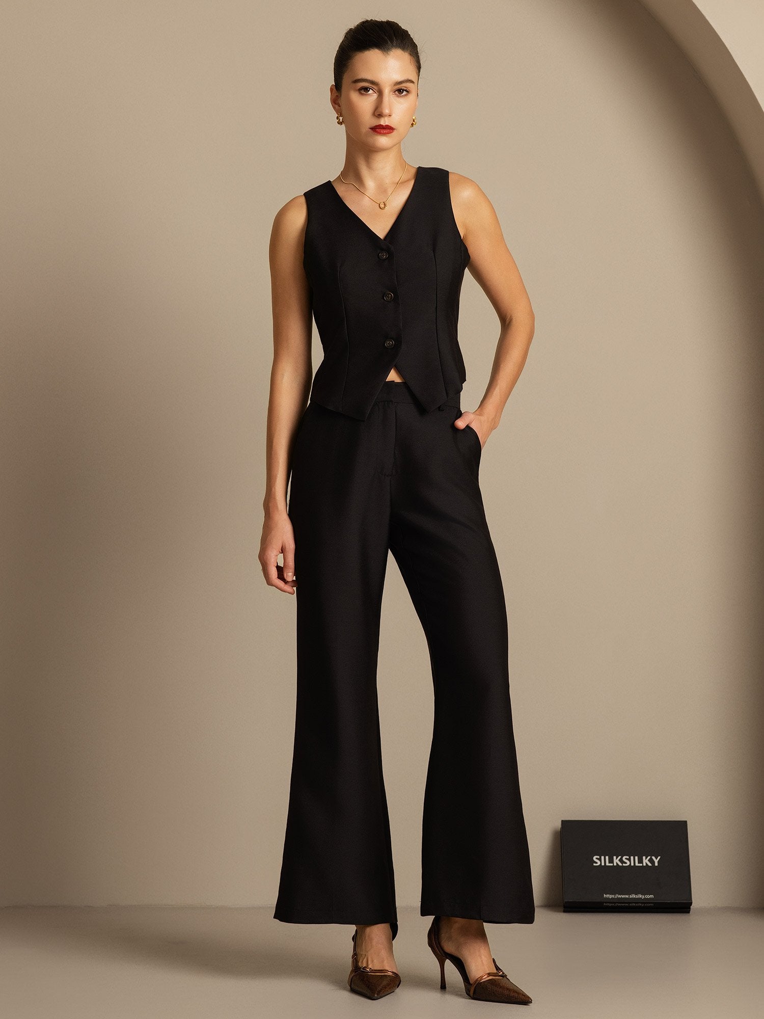 [Svart] SilkSilky-NO 32Momme Silk-Wool Blend Womens Pants 004,