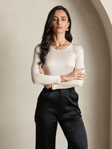 [Beige] SilkSilky-NO Langermet Rund Hals T-skjorte for Kvinner 005