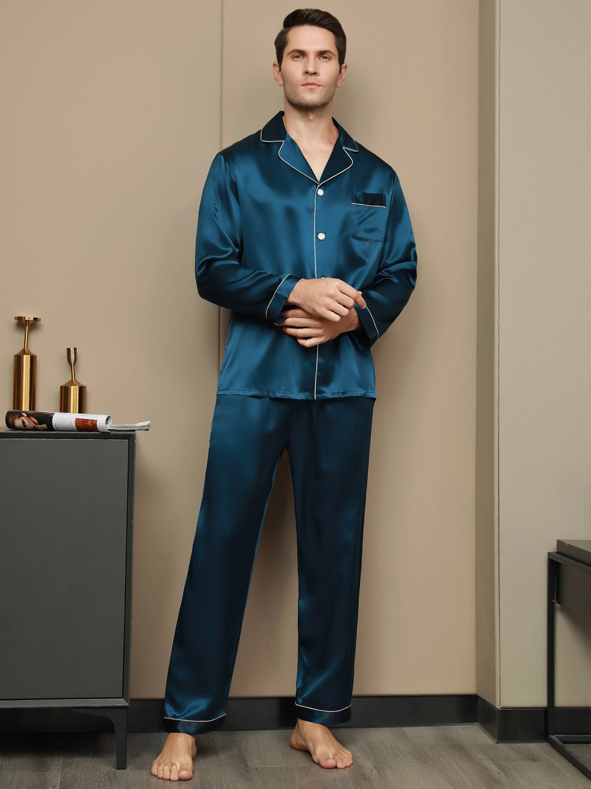 [Blågrønn] SilkSilky-NO 19Momme Mens Pajamas 001