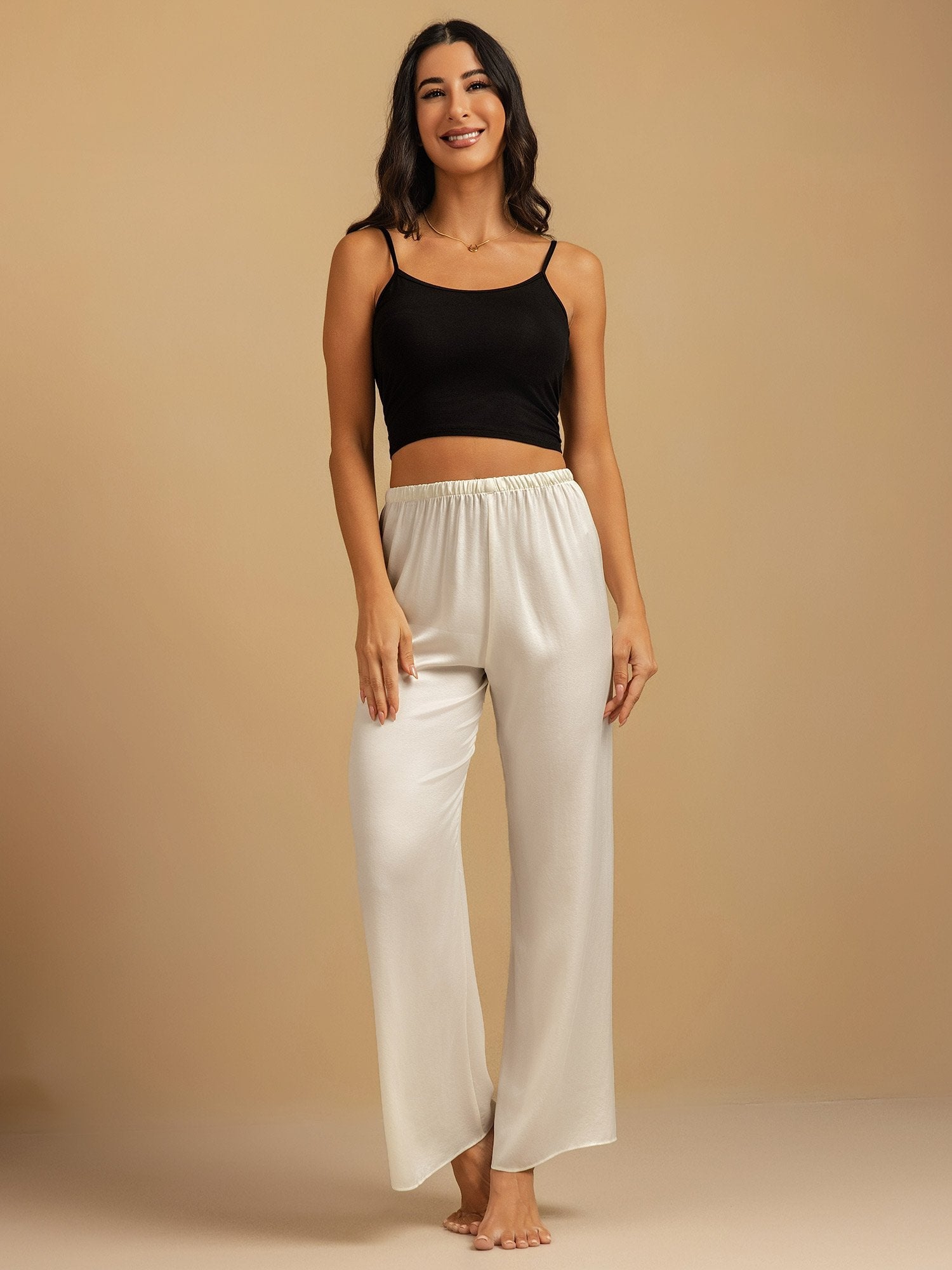 [Hvit] SilkSilky-NO 19Momme Silke Womens Sleep Bottoms 006,