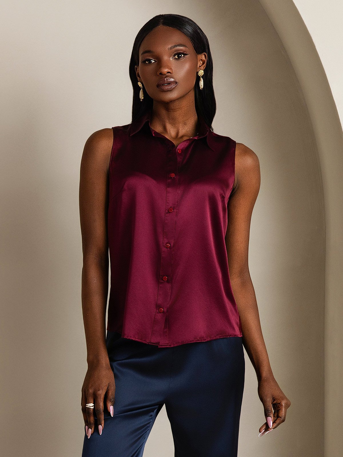 SilkSilky-NO 19Momme Silke Womens Shirt Mørkerød 001