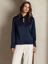 [Mørke blå] SilkSilky-NO Long Sleeve Keyhole Neck Damebluser 005