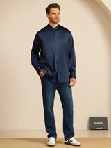 [Mørke blå] SilkSilky-NO Long Sleeve Stand Collar Skjorte for Menn 008