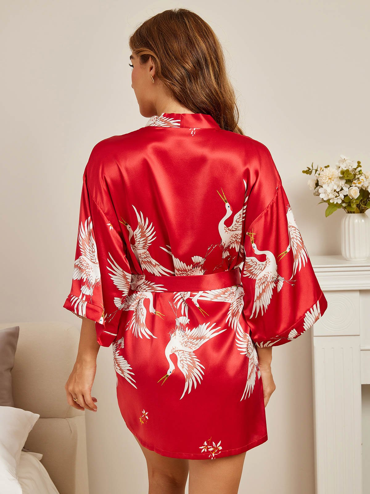 [Mørkerød] SilkSilky-NO 19Momme Pure Silk 3/4 Sleeve V-Hals Morgenkåpe for Kvinner 002