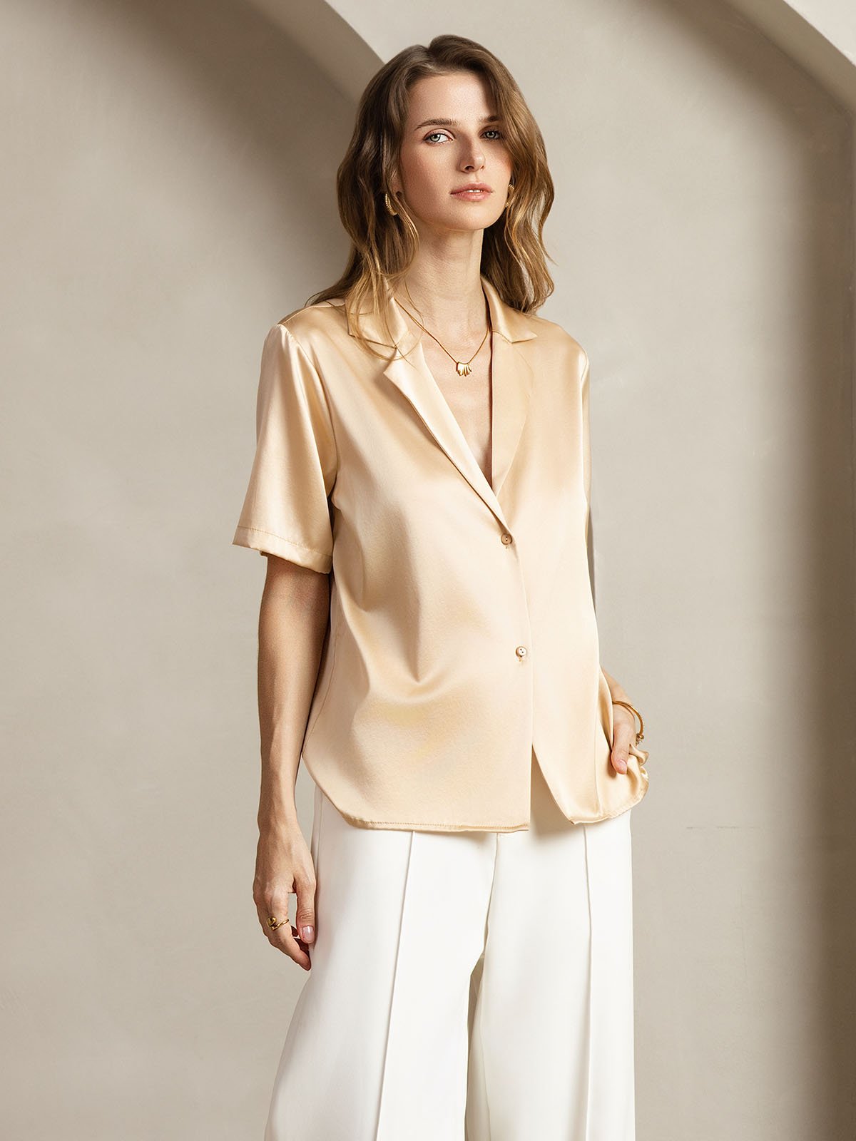 [Champagne] SilkSilky-NO 19Momme Silke Womens Shirt 006