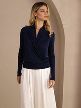 [Mørke blå] SilkSilky-NO Long Sleeve Wrap Damebluser 001