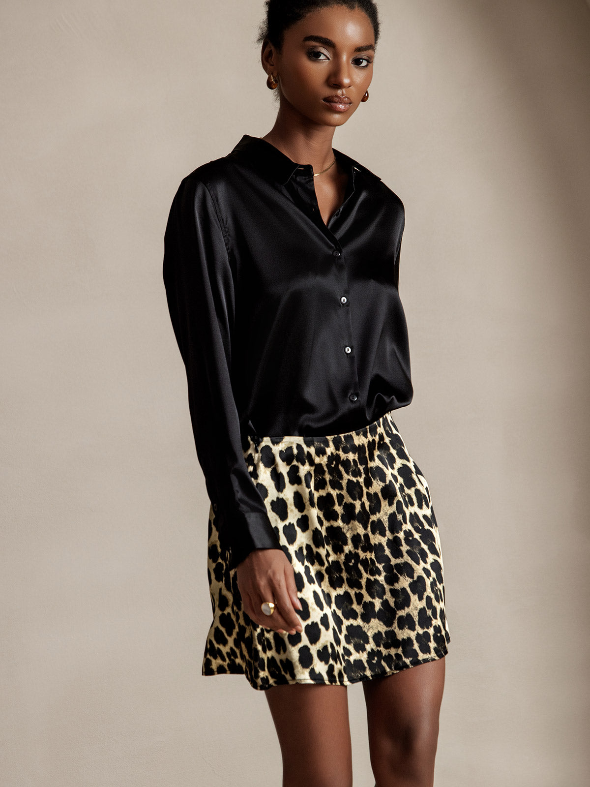 [Svart] SilkSilky-NO Silke Long Sleeve Collar Skjorte for Kvinner 005