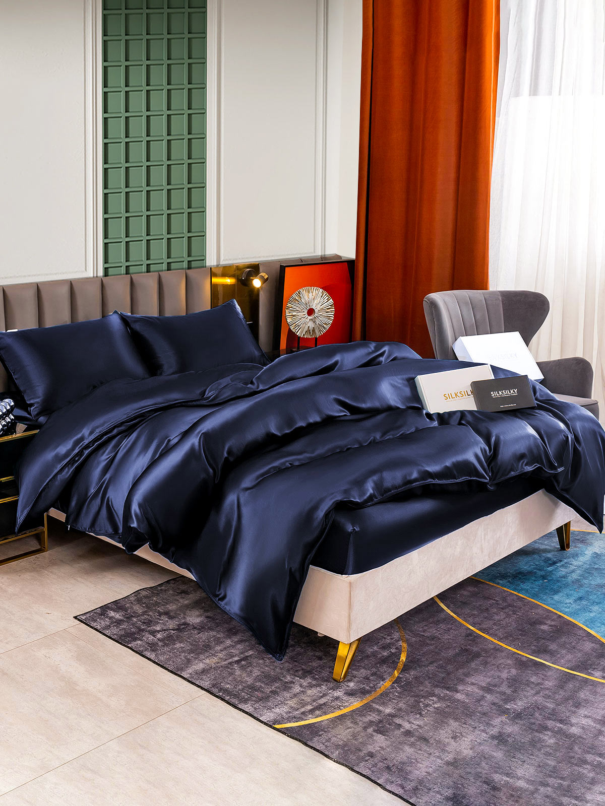 [Mørke blå] SilkSilky-NO 25Momme Bedding Set 002