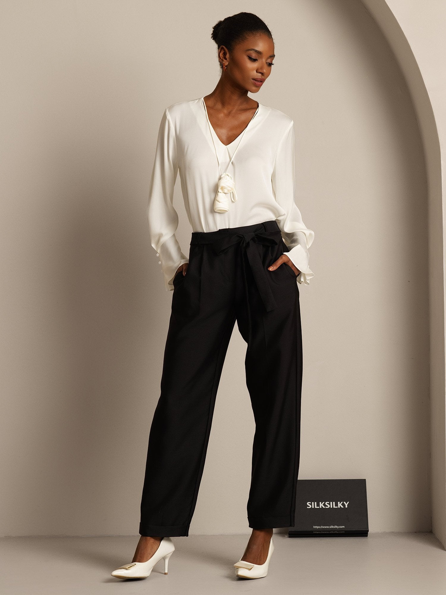 [Svart] SilkSilky-NO 32Momme Silk-Wool Blend Womens Pants 007,