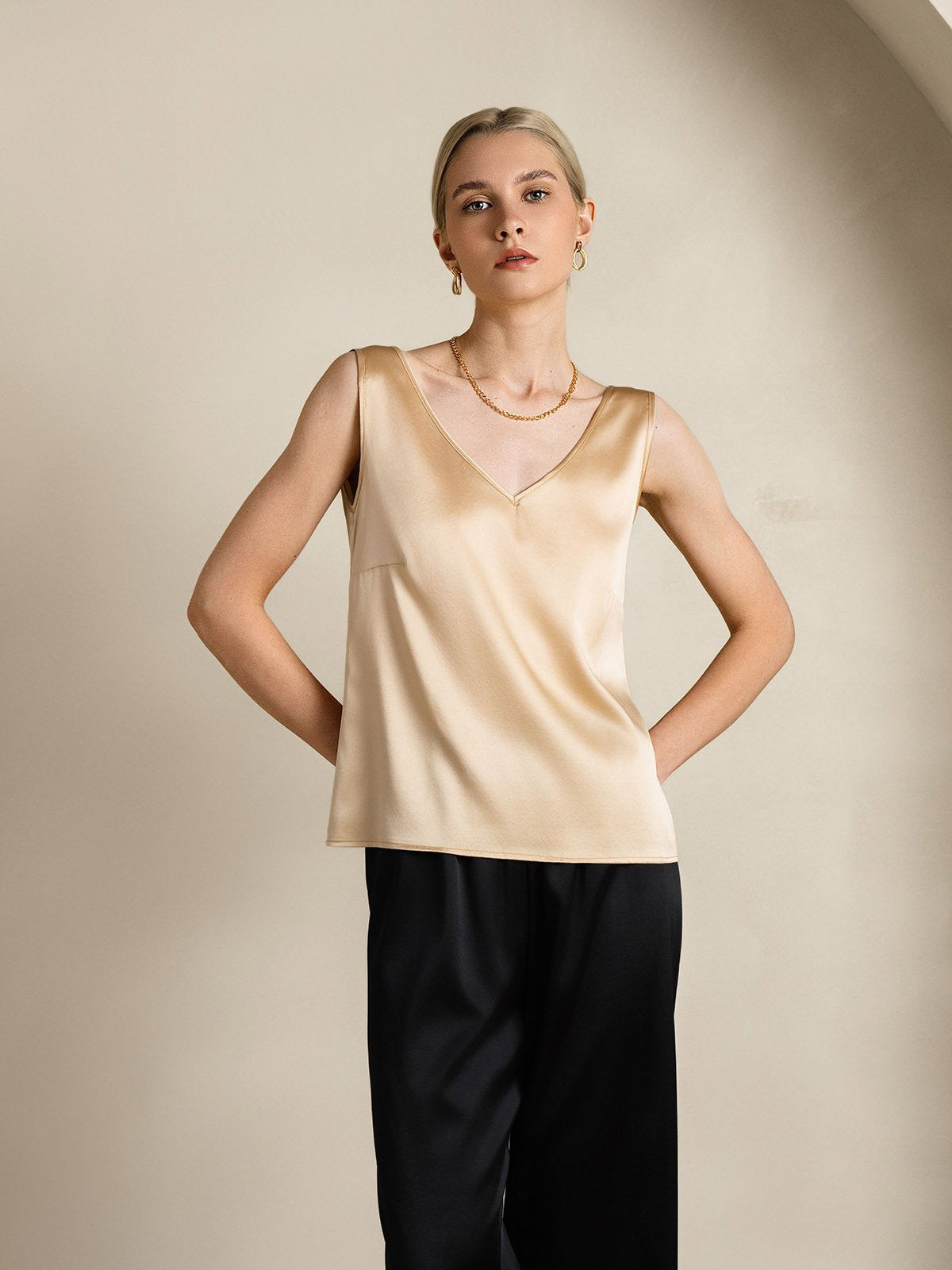 [Champagne] SilkSilky-NO 19Momme Silke V-Hals Camisole Topp 005
