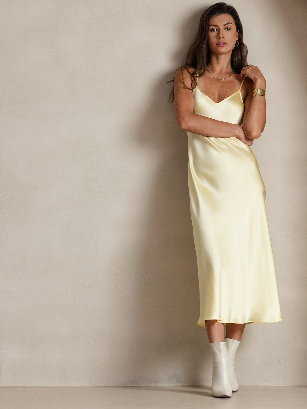 [Lys Gul] SilkSilky-NO Pure Silk Sleeveless Round Neck Kjole 005