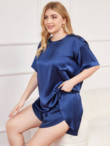 [Mørke blå] SilkSilky-NO Pure Silk Short Sleeve Round Neck Plus Size Pajamas 004
