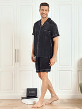 [Svart] SilkSilky-NO Short Sleeve Lapel Collar Pyjamas for menn 004