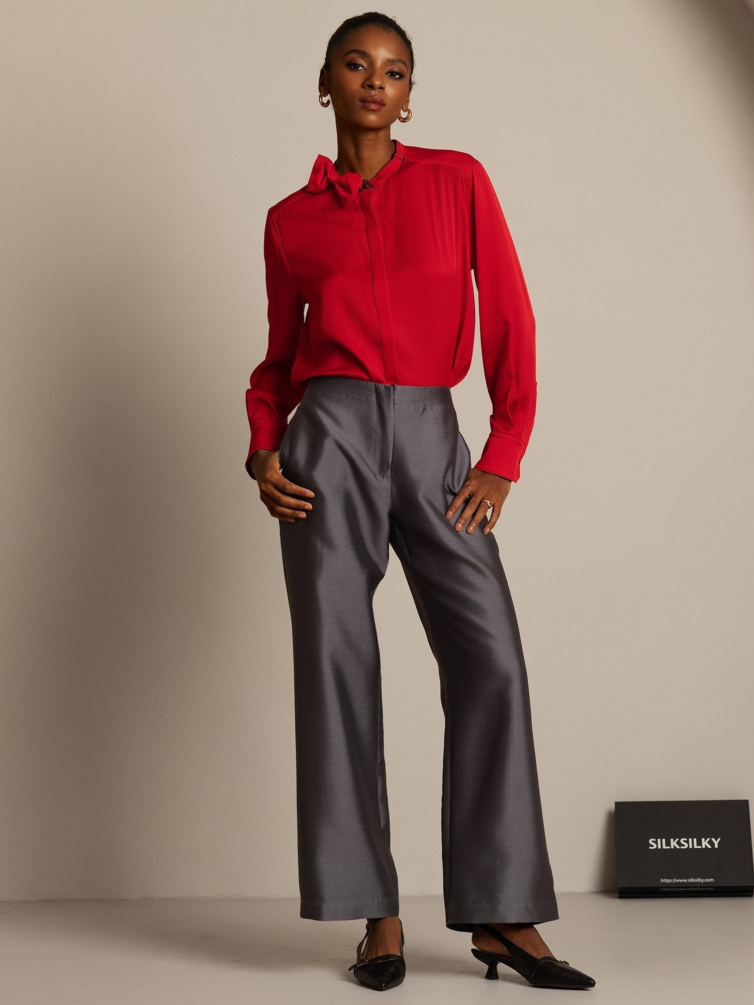 [Grå] SilkSilky-NO 32Momme Silk-Wool Blend Womens Pants 005,