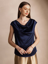 [Mørke blå] SilkSilky-NO Cap Sleeve Cowl Neck T-skjorte for Kvinner 001