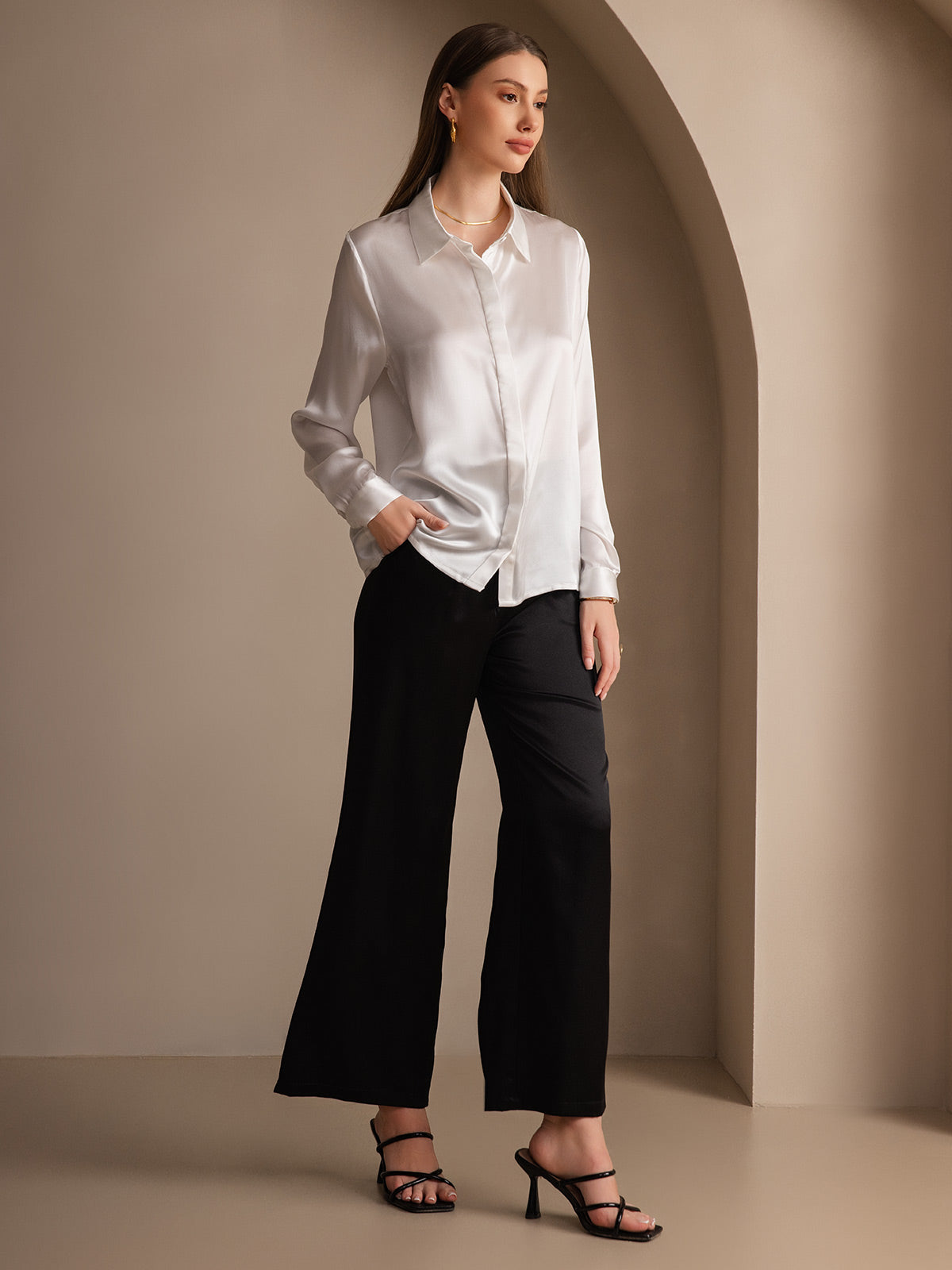 [Hvit] SilkSilky-NO 19Momme Silke Lapel Collar Skjorte for Kvinner 008